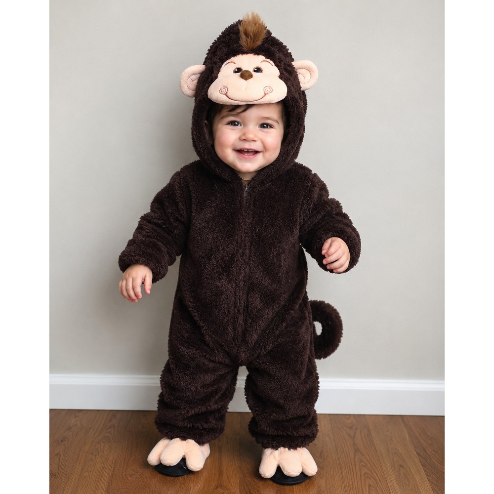 Koala Kids Monkey Costume Infant 12M Brown Plush Hooded One Piece Halloween